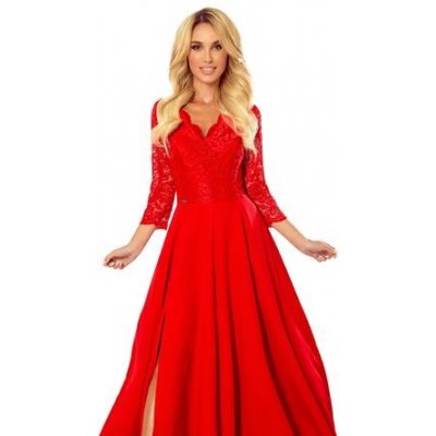 !!! Numoco Elegantní dlouhé šaty s krajkovým výstřihem AMBER červené – Zboží Mobilmania