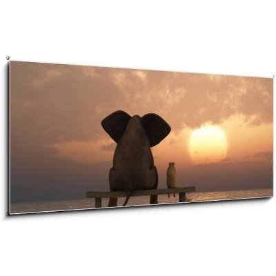 Skleněný obraz 1D panorama - 120 x 50 cm - elephant and dog sit on a summer beach slona a pes sedí na letní pláži – Zbozi.Blesk.cz