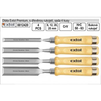 EXTOL PREMIUM dláta s kvalitní bukovou rukojetí, sada 4ks, 6-12-20-25mm, rukojeť z bukového dřeva, tvrdost břitu HRC 58-63, CrV