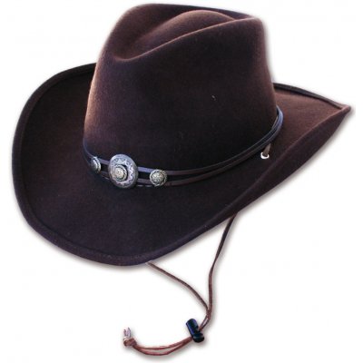 Stars and Stripes Westernový hnědý klobouk s koženým řemínkem a šňůrkou pod bradu – Zboží Dáma
