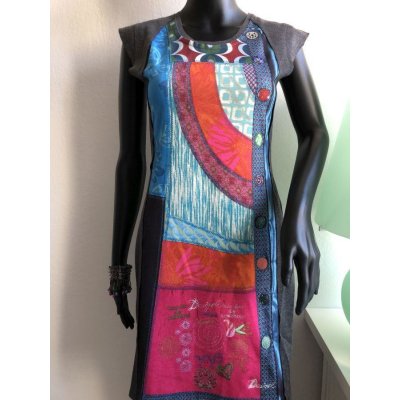 Desigual zajímavé šaty Vest Manchu s barevnou všitou látkou vícebarevná šedá – Zboží Mobilmania