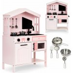 ECOTOYS PLK563P Dřevěná kuchyňka s troubou, mikrovlnkou a příslušenstvím, růžová – Hledejceny.cz