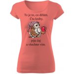Tričko s potiskem Knihomol sova dámské Korálová – Sleviste.cz