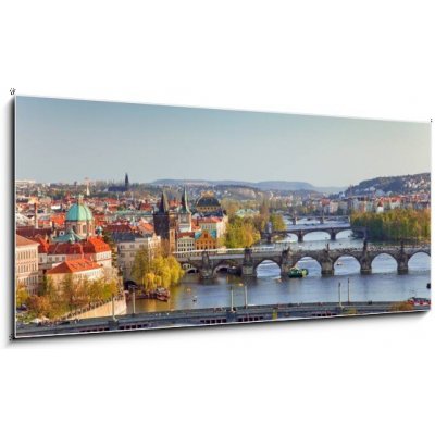 Skleněný obraz 1D panorama - 120 x 50 cm - View on Prague Bridges at sunset Pohled na Pražské mosty při západu slunce – Hledejceny.cz