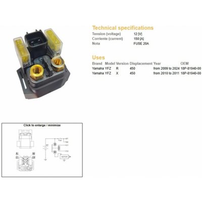 DZE startovací relé startéru YAMAHA YFZ 450R 09-24; YFZ 450X 10-11 (12V/150A) | Zboží Auto