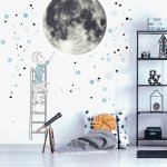 INSPIO Samolepka na zeď - Měsíc a Chlapec na žebříku s hvězdami, velká nálepka hvězdy a oblaka, akvarelové samolepky modrá, šedá, plnobarevný motiv rozměry 220x90