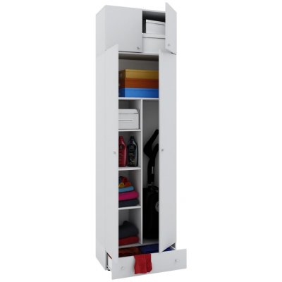 VCM Úklidová skříňka Vandol ll s dvířky, horním uchycením, zásuvkou, bílá š 70 × h 39 × v 238 cm – Hledejceny.cz