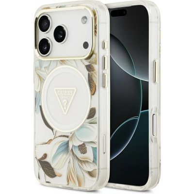 Guess - IML Metal Glitter Flowers Triangle MagSafe pouzdro pro iPhone 17 Pro Max - bílé – Zboží Mobilmania