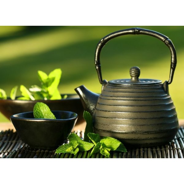 WEBLUX 5535303 Samolepka fólie Black iron asian teapot with sprigs of mint  for tea Černá železná asijská čajová konvice s větvičkami na čaj, rozměry  200 x 144 cm od 707 Kč - Heureka.cz