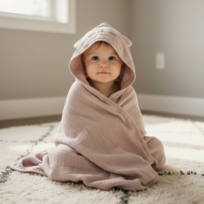 Cuddle bavlněná látková / mušelínová osuška MUŠELÍN S KAPUCÍ kočka starorůžová 80x80cm – Sleviste.cz