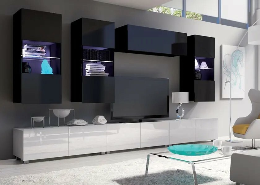 Stěna do obýváku CALABRINI 5 Led Černá / bílá Mirjan CALABRINI 5 Led černý lesk