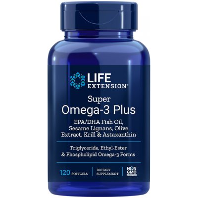 Life Extension Super Omega-3 Plus EPA/DHA rybí olej sezamové lignanty olivový extrakt a krill s Astaxanthinem 120 gelových kapslí