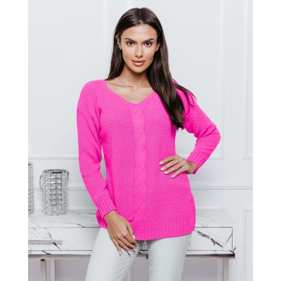 Fashionweek Luxusní svetr dámský s výstřihem do V NB6482 růžová candy pink – Zboží Mobilmania