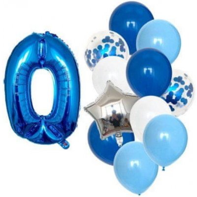 Camerazar Sada 12 modrých balónků s konfetami narozeninové číslo 0 výška 82 cm velikost hvězdy 43 cm x 44,5 cm – Zboží Mobilmania