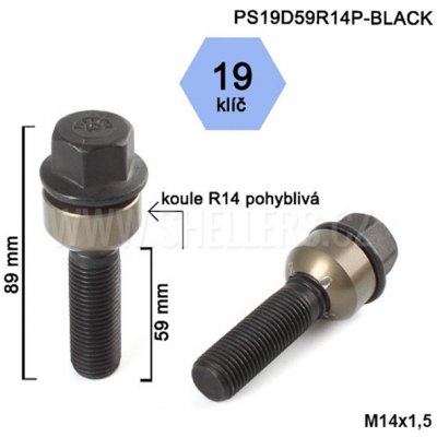 Kolový šroub M14x1,5x59 koule R14 pohyblivá, černý, klíč 19, výška 89