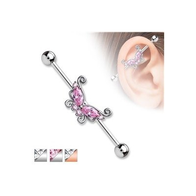 Piercingate Industrial piercing s motýlek a kamínky PIN00054 čirá – Zboží Mobilmania