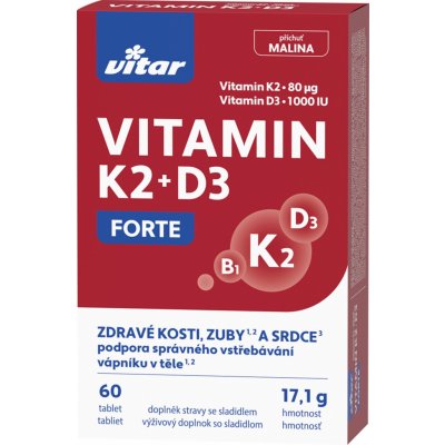 Vitar vitamín K2 + D3 Forte příchuť malinová 60 tablet – Hledejceny.cz