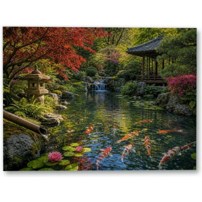 Plakát – Jezírko s kapry v japonské zahradě 140 × 105 cm Bez rámu Ano Bez rámu – Hledejceny.cz