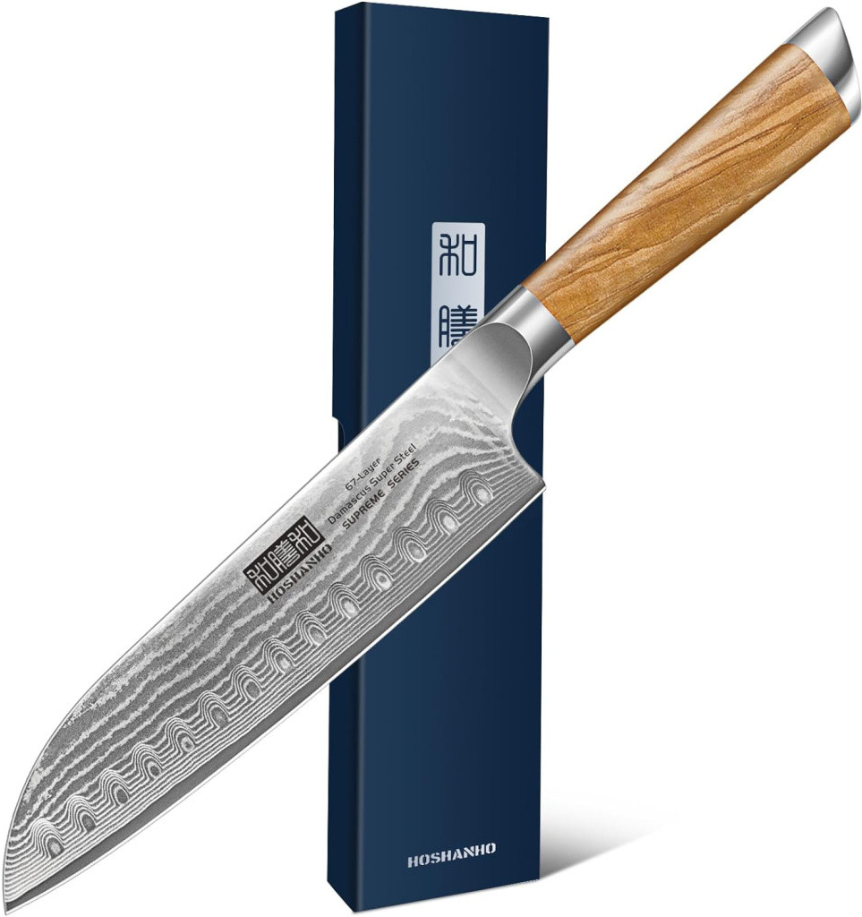 Hoshanho Nůž Santoku 18 32 cm Damašková ocel dřevo olive