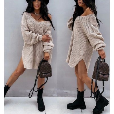Fashionweek Pletené sveterové šaty výstrih do" V" MD760 Béžový – Zboží Mobilmania