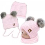 Baby Nellys Zimní pletená čepice Star s fleecem a chlupáčkové bambulky+komínek D sada Béžový melírek – Zboží Dáma