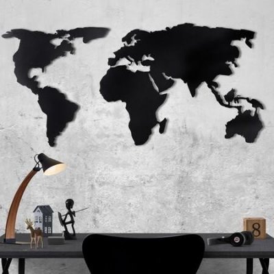 Wallity Decorative Metal Wall Accessory World Map Silhouette Black