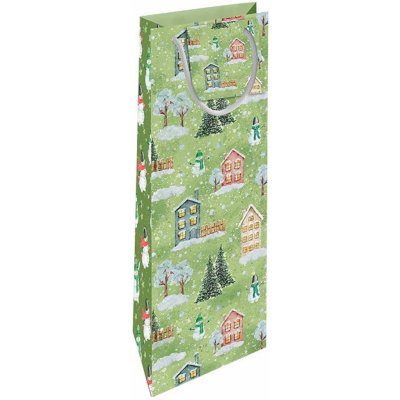 Nekupto Dárková papírová taška na láhev 33 x 10 x 9 cm Vánoční domečky zelená – Zboží Mobilmania