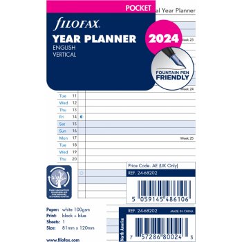 Filofax Roční plánovací Aj vertikální náplň kapesních diářů formát A7 2024