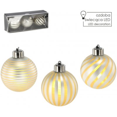 Pro-Tech shop Sada 3 skleněných vánočních koulí s LED 8cm bílá se zlatavými proužky 69680 – Hledejceny.cz