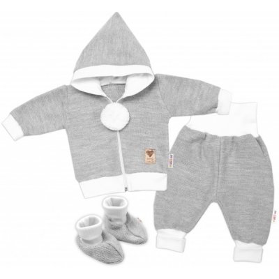 Baby Nellys 3-dílná souprava Hand made pletený kabátek kalhoty a botičky šedá
