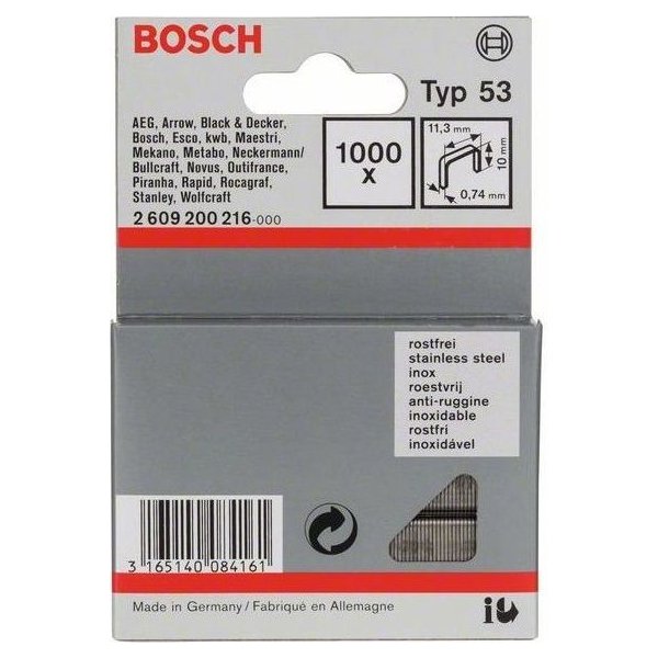 Nýt trhací Nerezové sponky do sponkovaček Bosch PTK 3,6 LI, PTK 14 E Duotac, HT 14 a HMT 57 - 10x0.74x11.4mm, 1000ks, typ 53 (2609200216)