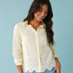 Jednobarevná halenka s madeirovou výšivkou pro menší postavu žlutá – Sleviste.cz