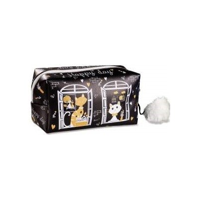 Kosmetická taška s kočkou a pomponem 3 varianty černá – Zboží Dáma