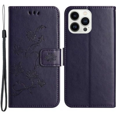 Flower PU kožené peněženkové pouzdro na mobil iPhone 14 Pro 6.1 - tmavěfialové – Zboží Mobilmania
