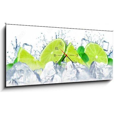 Obraz s hodinami 1D panorama - 120 x 50 cm - lime water splash and ice cubes isolated on the white stříkající voda z vápna a kostky ledu izolované na bílém – Zboží Mobilmania