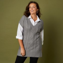 Blancheporte Tunikový pulovr s copánkvým vzorem a krátkými rukávy šedá
