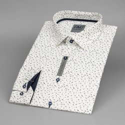 AMJ pánská bavlněná košile dlouhý rukáv prodloužená délka slim fit bílá s modrými a hnědými vlnkami VDBPSR1309