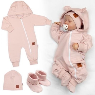 Baby Nellys Rostoucí teplákový overal pro miminko čepice botky 3D Nature růžová – Zboží Dáma