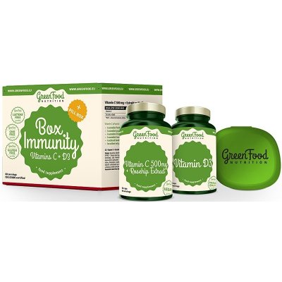 GreenFood Nutrition Immunity Box Vitamin C 500mg + Rosehip Extract doplněk stravy pro posílení imunity 60 ks + Vitamin D3 doplněk stravy pro posílení imunity 60 ks + Pillbox – Zboží Mobilmania