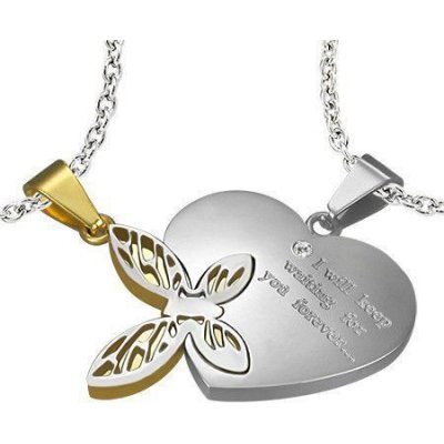 Šperky eshop Ocelový dvojpřívěsek stříbrná a zlatá srdce s nápisem motýlek s výřezy Z5.17