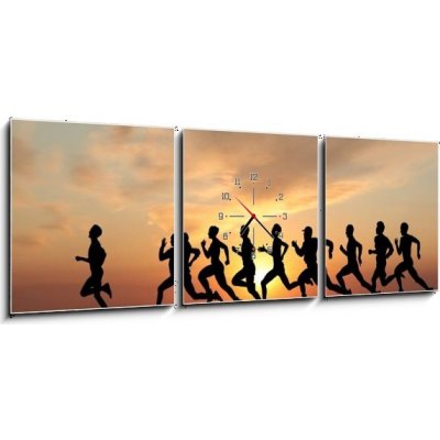 Obraz s hodinami 3D třídílný - 150 x 50 cm - Marathon, black silhouettes of runners on the sunset Maraton, černé siluety běžců na západ slunce