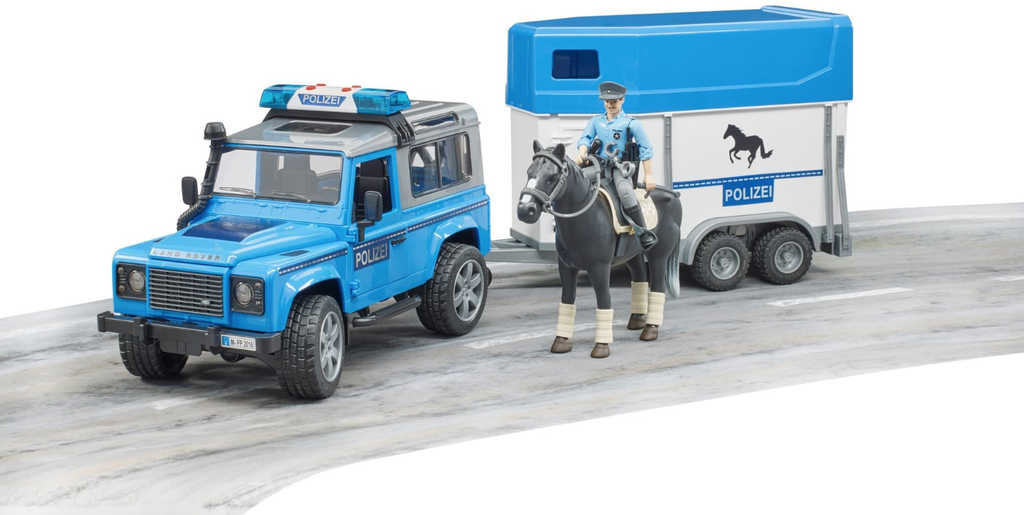 Bruder 2588 Land Rover Defender Policejní s přívěsem koněm a policistou