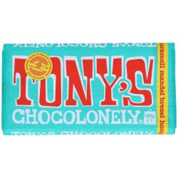 Tony's Chocolonely Mléčná čokoláda Karamelový mandlový preclík a medově mandlový nugát s mořskou solí 180 g