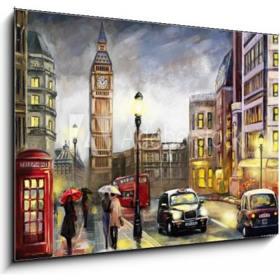 Obraz 1D - 100 x 70 cm - oil painting on canvas, street view of london. Artwork. Big ben. couple and red umbrella, bus and road, telephone. Black car olejomalba na plátn – Zboží Mobilmania