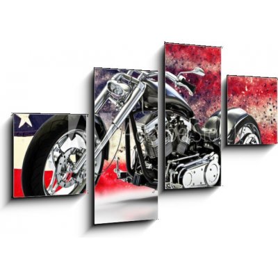 Obraz 4D čtyřdílný - 100 x 60 cm - Custom black motorcycle with American flag background with dispersion effects. Made in America concept. 3d rendering Vlastní černý mot – Hledejceny.cz