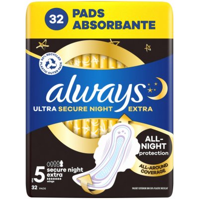 Always Ultra Secure Night Extra hygienické vložky vel. 5 s křidélky 32 ks – Zboží Dáma
