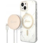 Pouzdro Guess set + nabíječka iPhone 14 Plus GUBPP14MHMEACSH bílé Marble MagSafe