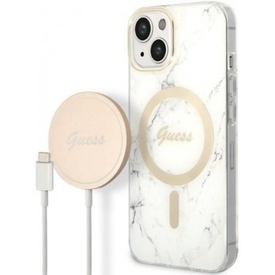 Pouzdro Guess set + nabíječka iPhone 14 Plus GUBPP14MHMEACSH bílé Marble MagSafe – Zboží Mobilmania