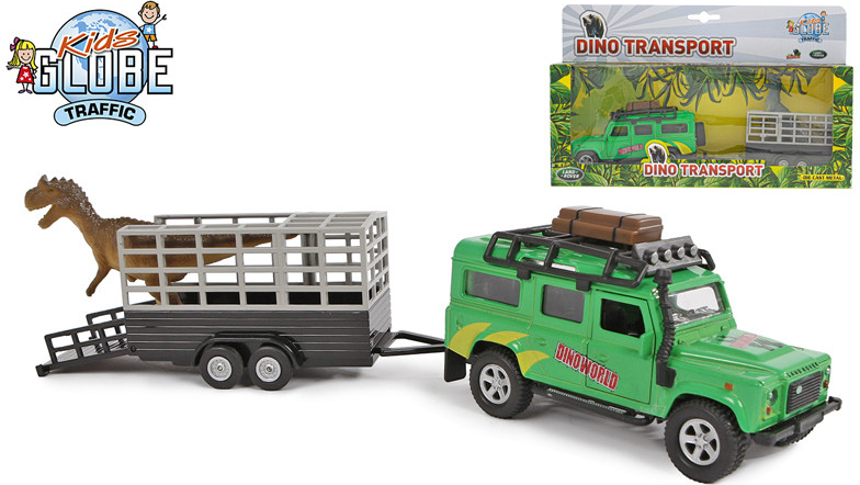 Kids Globe Traffic Land Rover 28cm kov na zpětný chod s přívěsem a dinosaurem