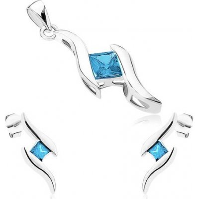 Šperky eshop stříbrný set přívěsek a náušnice dvě lesklé vlnky modrý zirkonový čtvereček SP73.15
